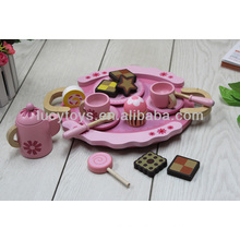 Conjunto de juego de té rosa de madera cocina de juguete de madera